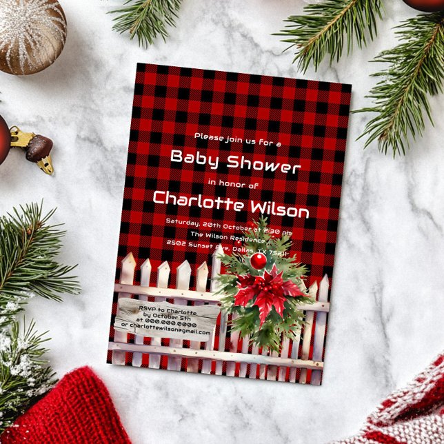 Convites Chá de Bebê de Plaid de Búfalo com Cerca de Natal (Criador carregado)