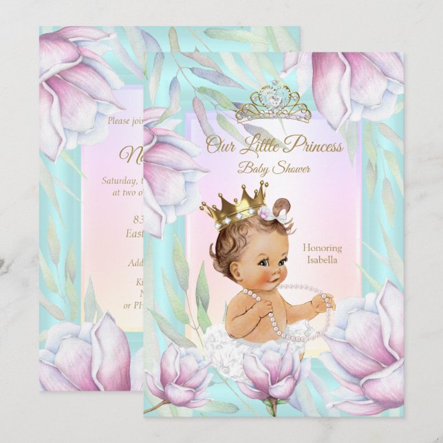 Convites Chá de Bebê de Princesa Floral Rosa Lilás Azul Tur (Frente/Verso)