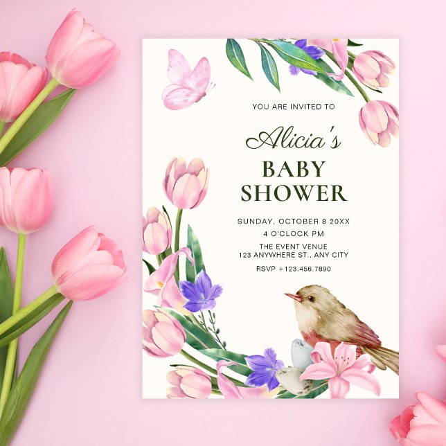 Convites Chá de bebê de ramo floral com pássaro (Criador carregado)