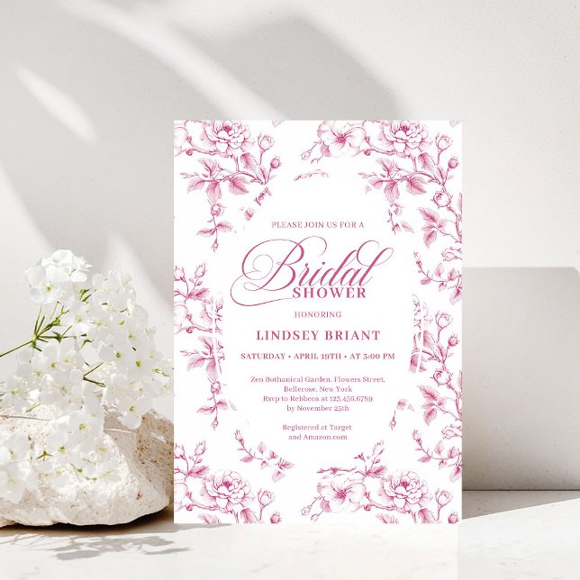 Convites Chá de Bebê de Rosa Elegante e Branco Padrão de Ro (Elegant Pink and White Rose Pattern Bridal Shower Invite)