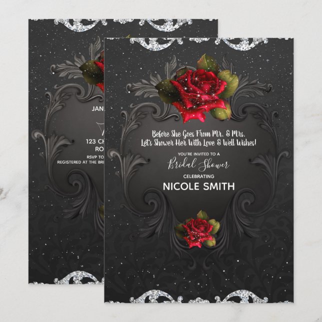 Convites Chá de Bebê de Rosas Vermelhas Ornamentais Vintage (Frente/Verso)