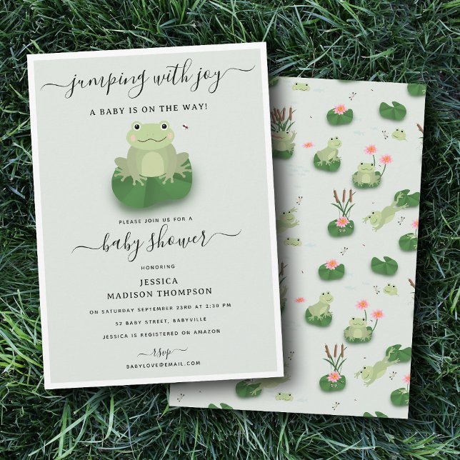 Convites Chá de Bebê de Sapo Adorável Lago de Lírios Sem Gê (Cute Frogs Lily Pond Gender Neutral Baby Shower Invitation)