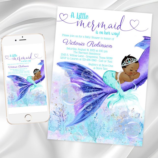 Convites Chá de Bebê de Sereia Afro-Americana (Mermaid baby shower invitation with cute mermaid. Instant download and printed invitations available)