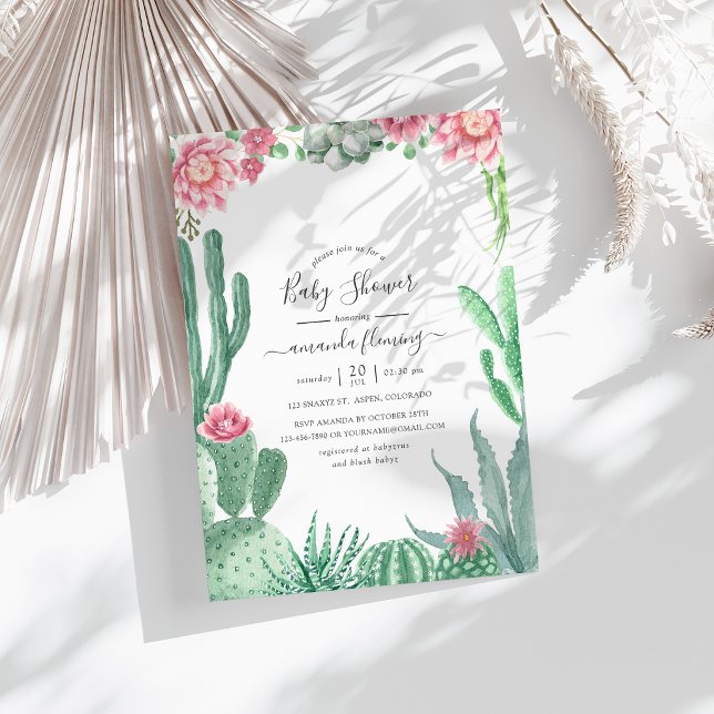 Convites Chá de Bebê de Suculentas em Aquarela (Watercolor Succulents Baby Shower Invitation)