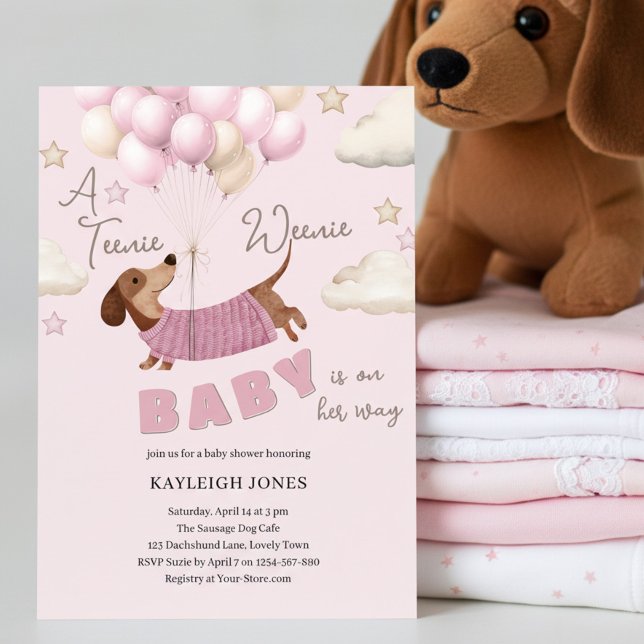 Convites Chá de Bebê de uma Menina com Dachshund Fofo (Dachshund Teenie Weenie Baby Girl Shower Invitation)