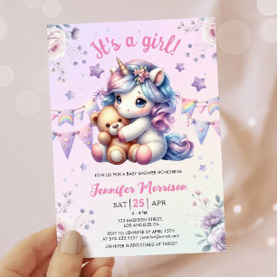 Convites Chá de Bebê de Unicórnio É uma Menina Aquarela Flo