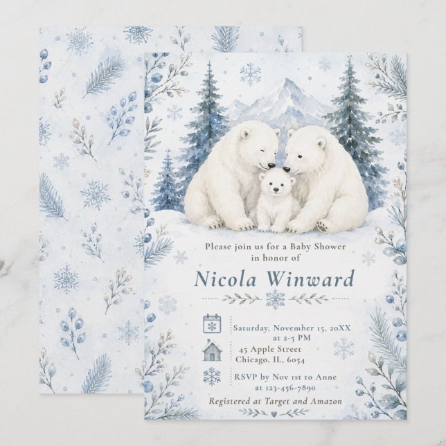 Convites Chá de Bebê de Urso Polar (Frente/Verso)