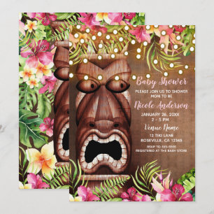 Convites Chá de Bebê de Verão com Tiki Hawaiano de Madeira