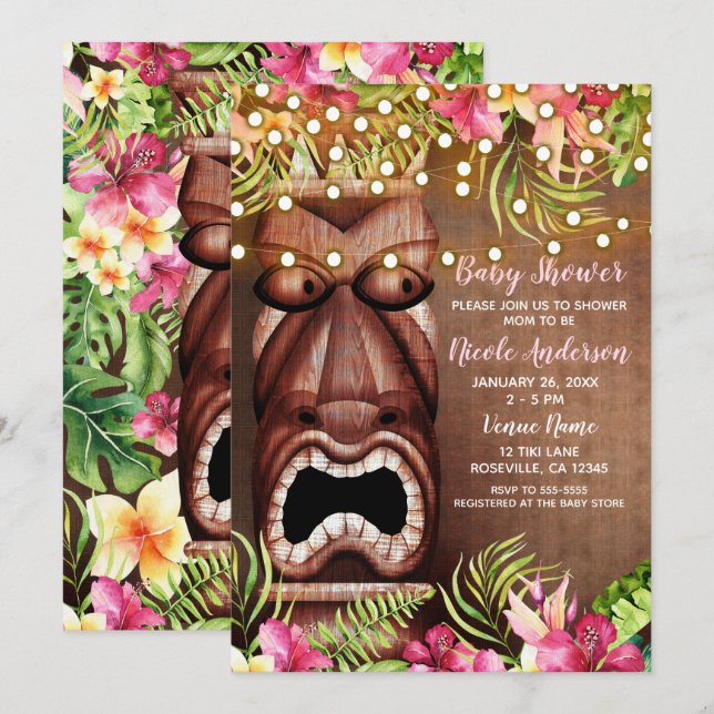 Convites Chá de Bebê de Verão com Tiki Hawaiano de Madeira (Frente/Verso)