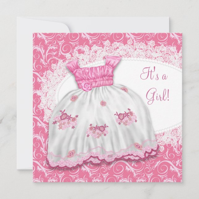 Convites Chá de Bebê de Vestido Rosa Bonito (Frente)