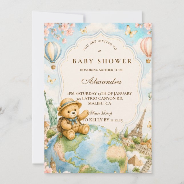Convites Chá de Bebê de Viagem do Urso Teddy Caprichoso (Frente)