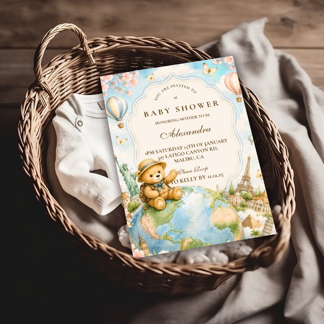 Convites Chá de Bebê de Viagem do Urso Teddy Caprichoso (Criador carregado)