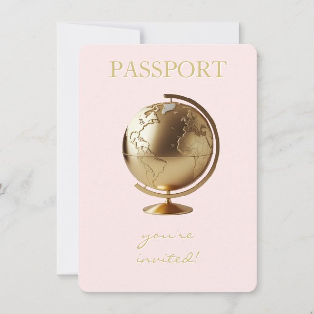 Convites Chá de Bebê de Viagem Passaporte Globo Dourado (Frente)