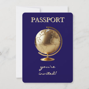 Convites Chá de Bebê de Viagem Passaporte Globo Dourado
