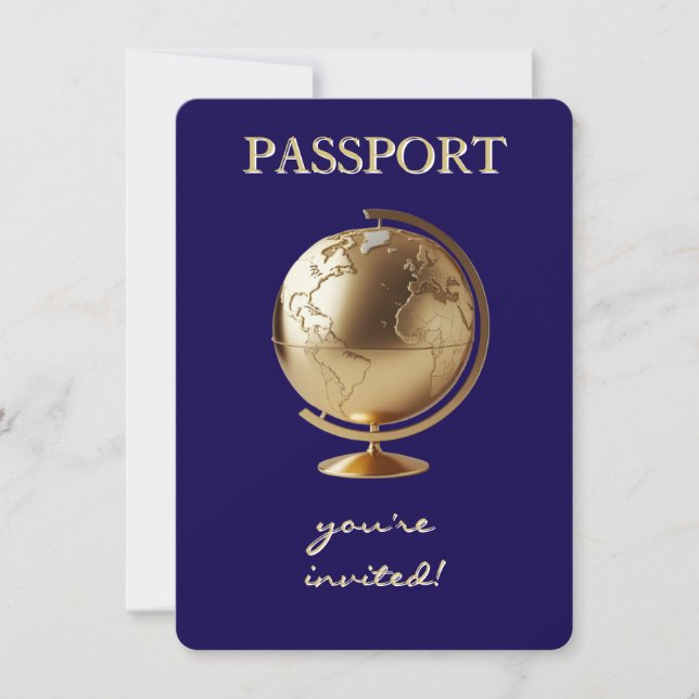 Convites Chá de Bebê de Viagem Passaporte Globo Dourado (Frente)