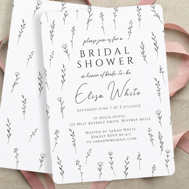 Convites Chá de Bebê Delicadas Flores Silvestres Espalhadas (Delicate Scattered Wildflowers Bridal Shower Black and White Invitation
)