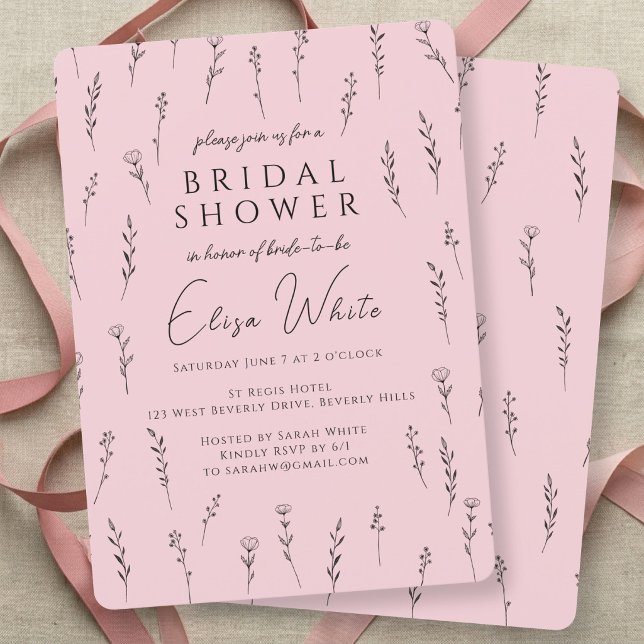 Convites Chá de Bebê Delicadas Flores Silvestres Espalhadas (Delicate Scattered Wildflowers Bridal Shower Pink Invitation
)