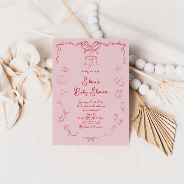 Convites Chá de Bebê Desenhado à Mão, Arco Menina Bebê Escr (Criador carregado)