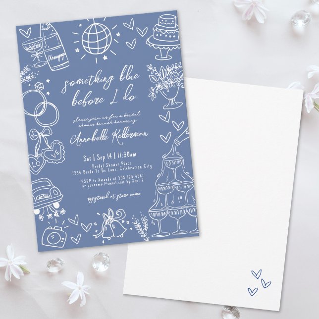 Convites Chá de Bebê Desenhado à Mão Azul Celeste (Hand Drawn Something Blue Bridal Shower Invitation)