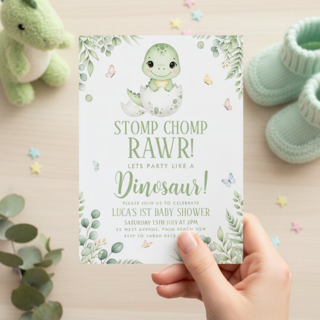 Convites Chá de Bebê Dinossauro Borboleta Aquarela (Criador carregado)