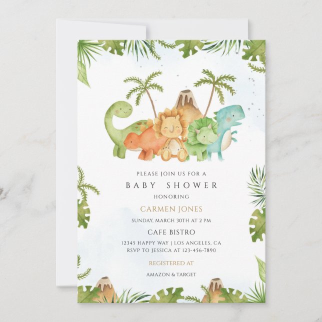Convites Chá de Bebê Dinossauro Design de Dino (Frente)