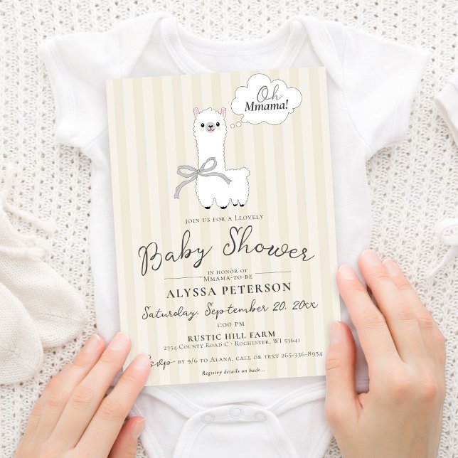 Convites Chá de Bebê Divertido Oh Mmama Llama Fofo Bege (Modern funny Oh Mmama saying cute Llama bows gender neutral baby girl or boy baby shower invitation)