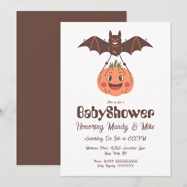 Convites Chá de Bebê do Abóbora e Morcego Festa de Hallowee (Frente/Verso)