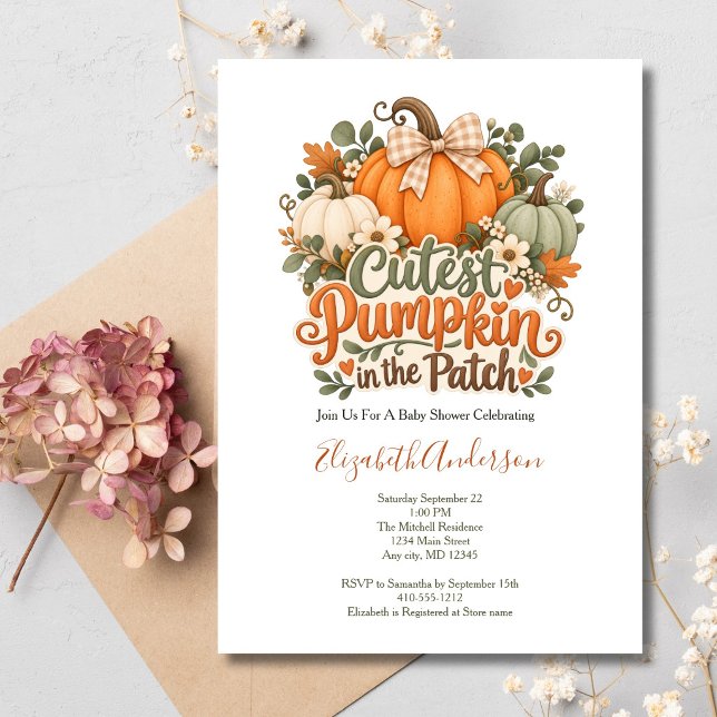 Convites Chá de Bebê do Abobrinha de Outono (Cutest Pumpkin in Patch Fall Autumn Halloween Thanksgiving Baby Shower Invitation, Printed or Digita)