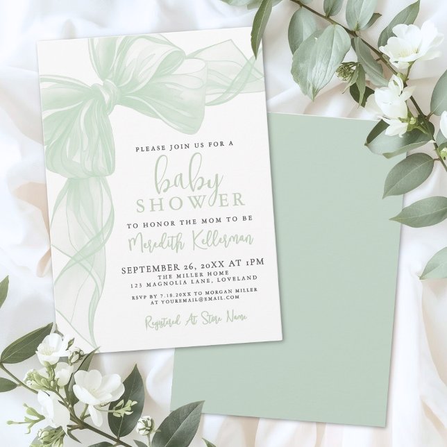 Convites Chá de Bebê do Arco em Verde Sage (Sage Green Bow Baby Shower Invitation)