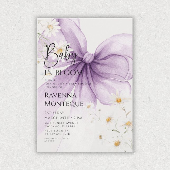 Convites Chá de Bebê do Bebê Preppy em Flor Lilac Bow Daisy (Criador carregado)