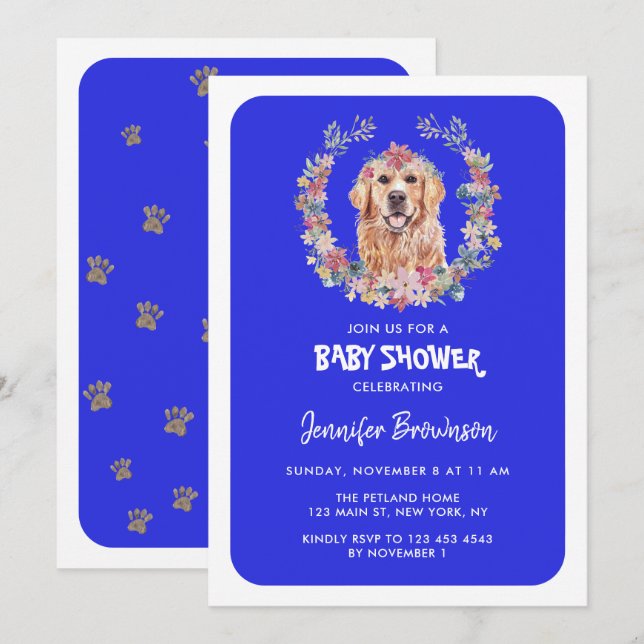 Convites Chá de Bebê do Cão Retriever Dourado azul-marinho (Frente/Verso)