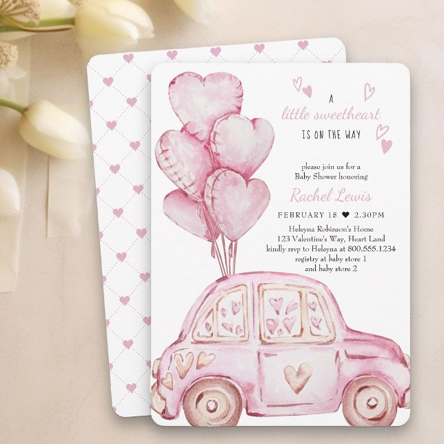 Convites Chá de Bebê do Carro Rosa e Balão Queridinho (Little Sweetheart Baby Shower Invitation - professionally printed or printable download)