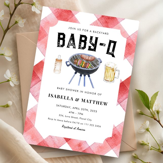 Convites Chá de Bebê do Churrasco Ginga Vermelha Baby-Q (BBQ Baby Shower Red Gingham Baby Q Invitation)