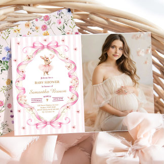 Convites Chá de Bebê do Coelhinho de Ginga com Laço Rosa