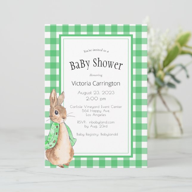 Convites Chá de Bebê do Coelho de Gingham Verde (Em pé/Frente)