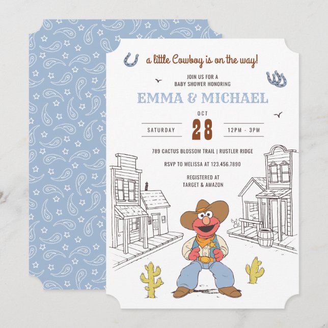 Convites Chá de Bebê do Cowboy Elmo da Rua Sésamo (Frente/Verso)