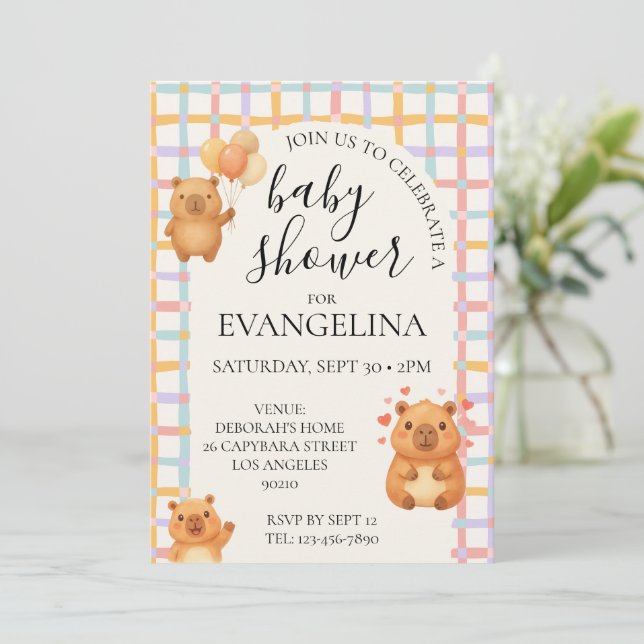 Convites Chá de Bebê do Cute Capivara em Aquarela (Em pé/Frente)