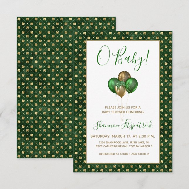 Convites Chá de Bebê do Dia de São Patrício Verde Dourado T (Frente/Verso)