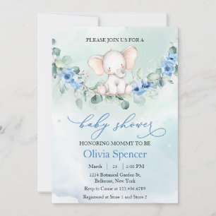 Convites Chá de Bebê do Elefante Floral Azul Caprichoso