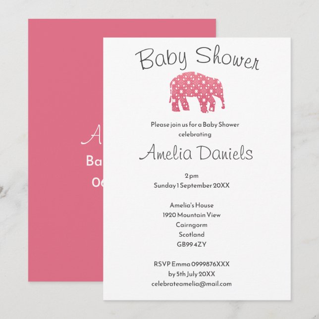 Convites Chá de Bebê do Elefante Rosa Bonito (Frente/Verso)