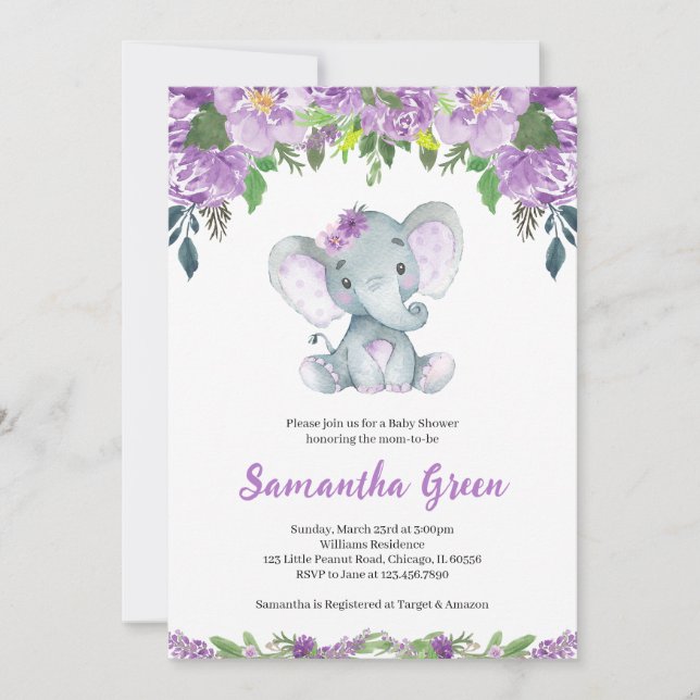 Convites Chá de Bebê do Elefante Roxo (Frente)