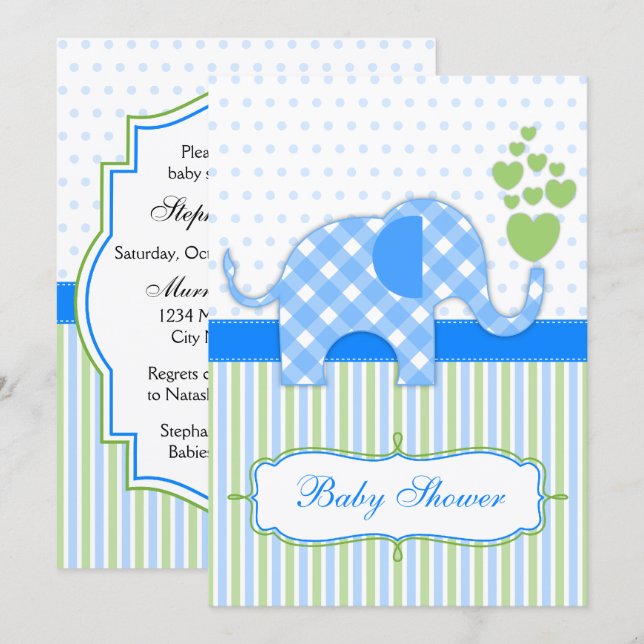 Convites Chá de Bebê do Elefante Xadrez Azul (Frente/Verso)