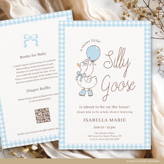 Convites Chá de Bebê do Ganso Azul Doce e Bobo (The front and back of the invitation shown in a 5x7-inch size. Choose size, paper, and corner style.)