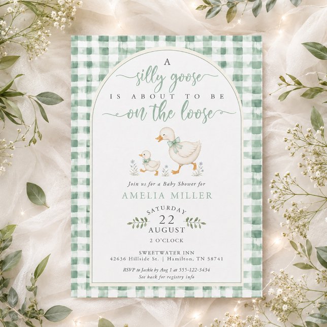 Convites Chá de Bebê do Ganso Bobalhão de Ginga Verde (Green Gingham Silly Goose on the Loose Baby Shower Invitation)