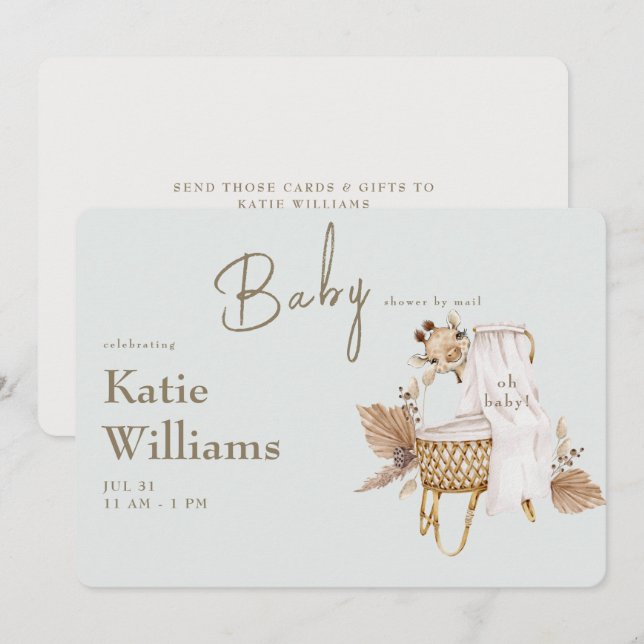 Convites Chá de Bebê do Girafa no Berço de Light Sage Virtu (Frente/Verso)