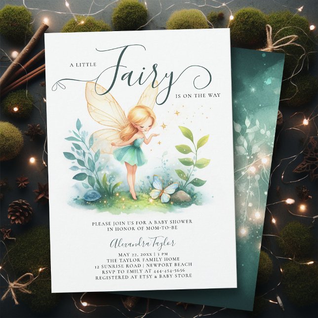 Convites Chá de Bebê do Jardim das Esmeraldas Encantada (a little fairy girl baby shower invitation enchanted forest garden butterfly emerald gold classy)