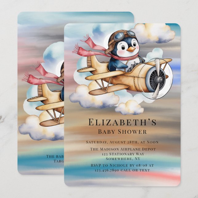 Convites Chá de Bebê do Menino Avião Antigo Penguin (Frente/Verso)