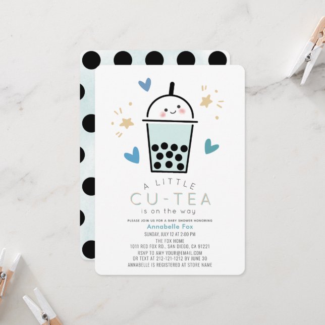 Convites Chá de Bebê do Menino Azul Boba Bubble Tea (Frente/Verso In Situ)