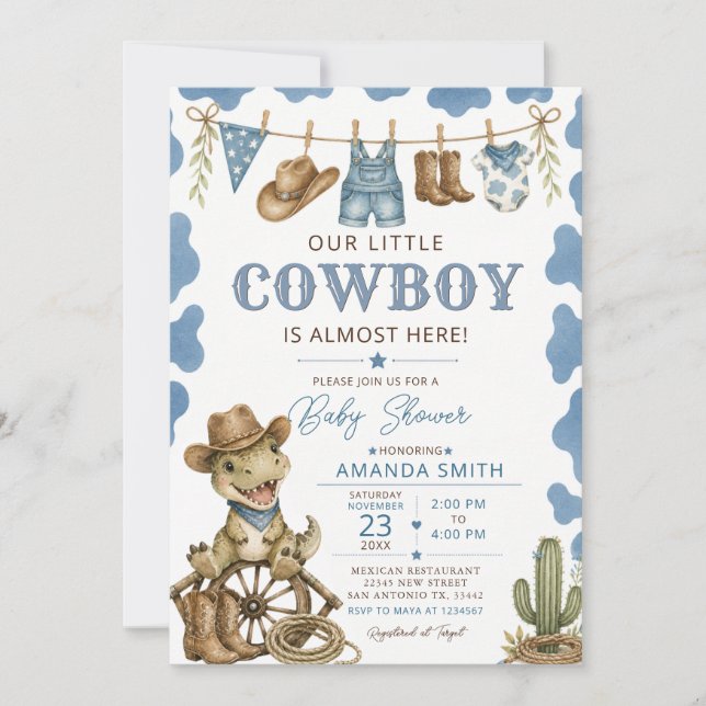 Convites Chá de Bebê do Menino Cowboy Dinosaur do Oeste (Frente)
