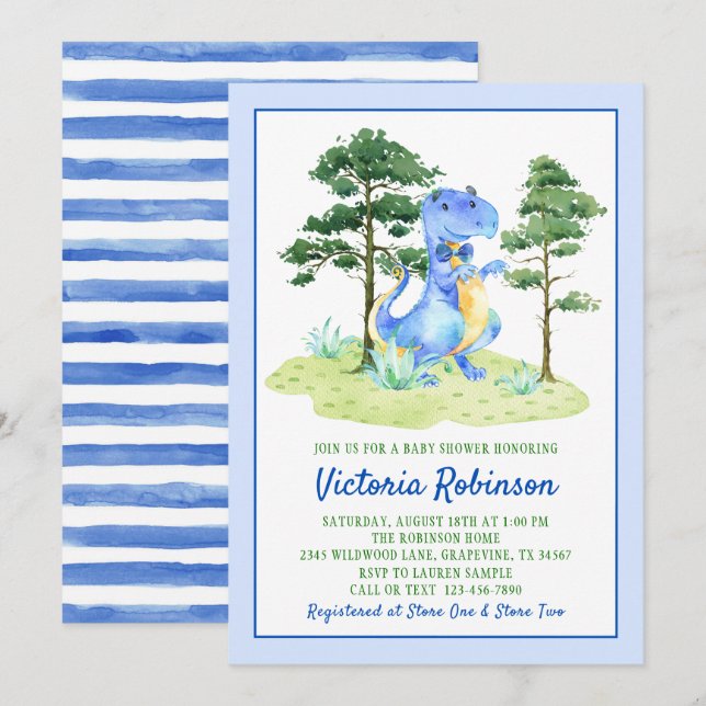 Convites Chá de Bebê do Menino Dinossauro em Aquarela (Frente/Verso)